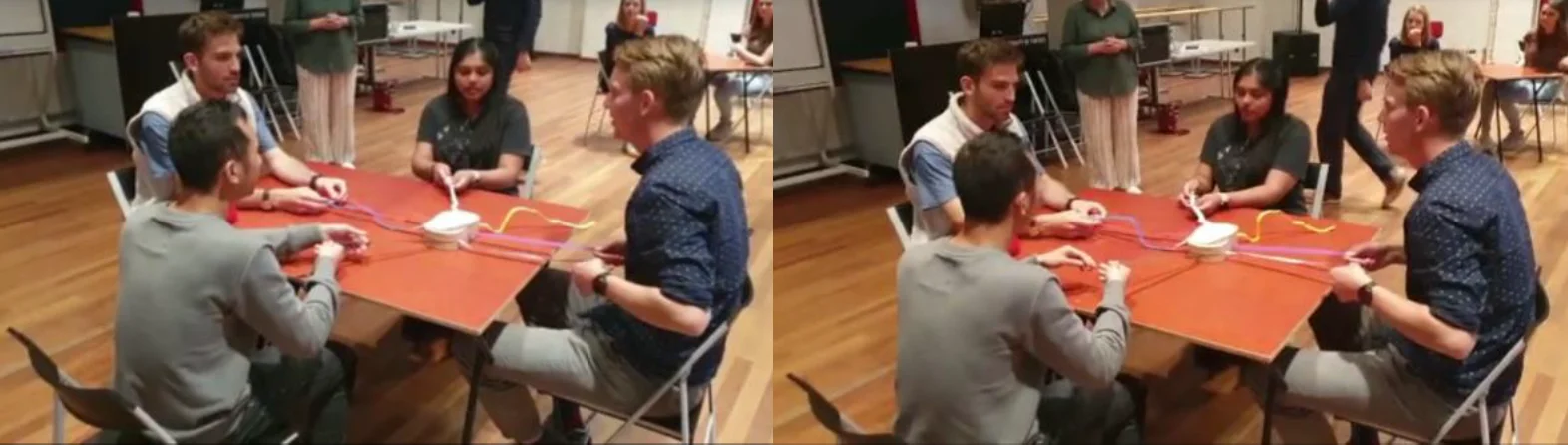 Four participants testing Conversational Strings in a participatory sensemaking workshop