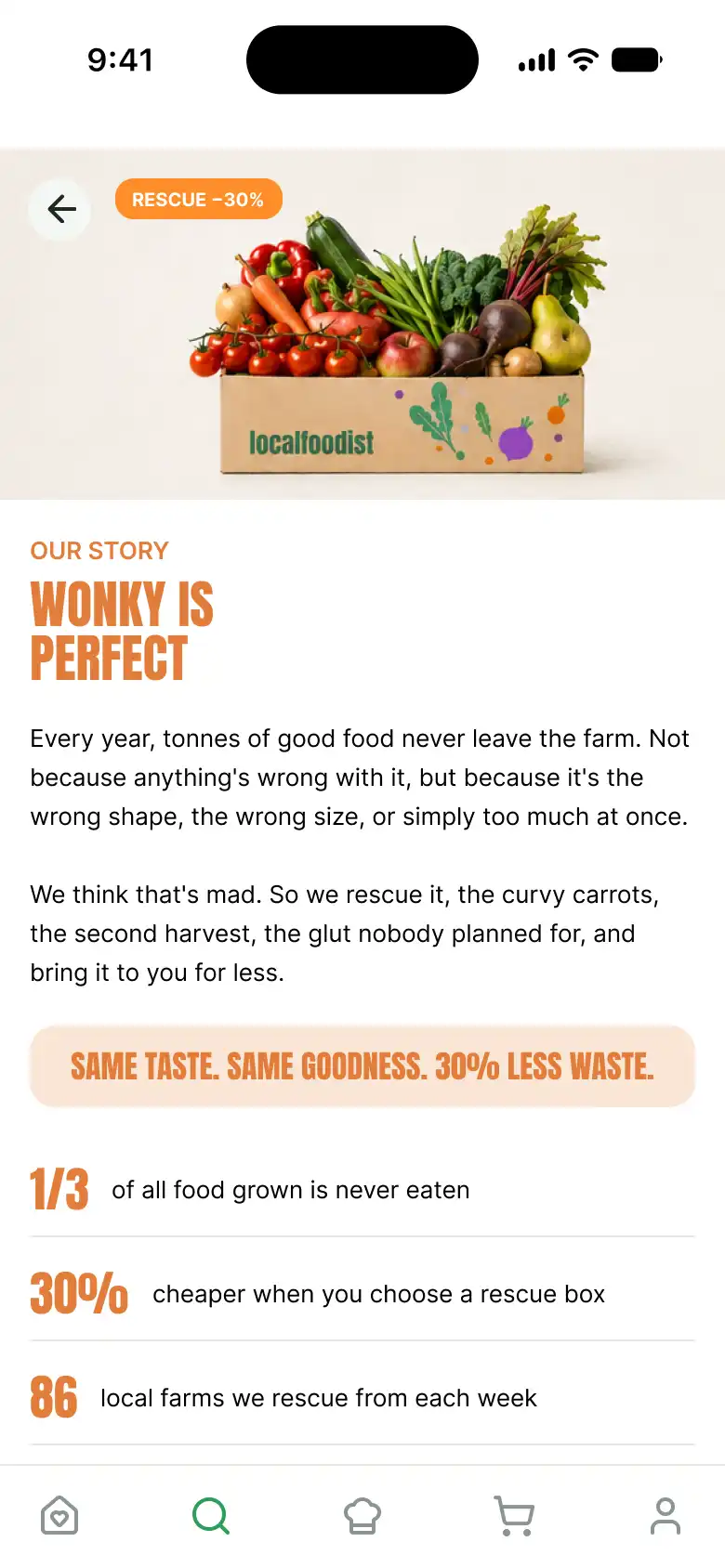 The 'why wonky?' story screen explaining rescued produce