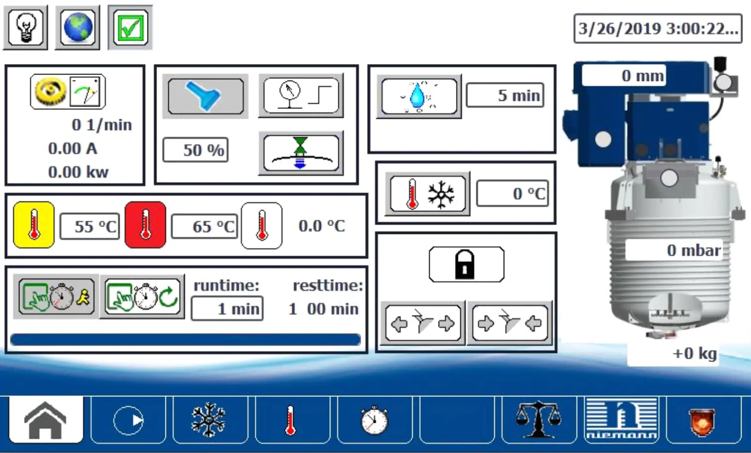 Original Niemann machine control UI — cluttered layout with inconsistent icons and colour-coded warning states