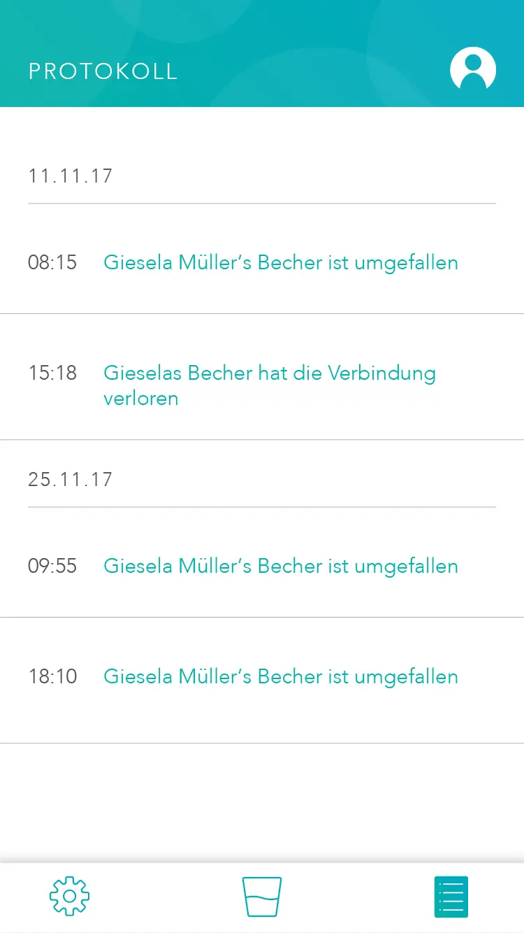 OCTOPUS app overview screen showing patient name, current ml, and remaining daily intake