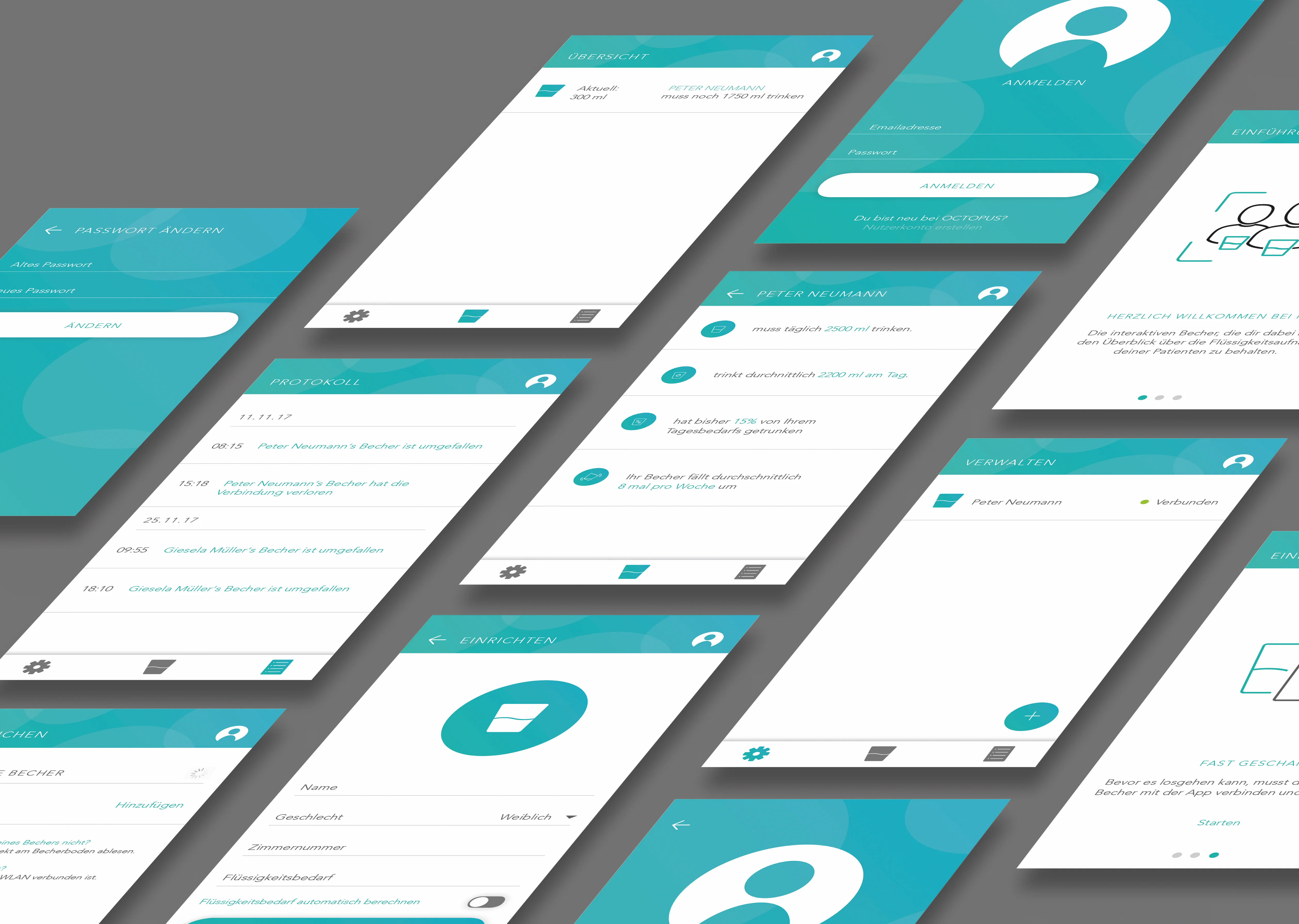 All OCTOPUS app screens laid out: login, onboarding, manage, overview, patient detail, log, and settings