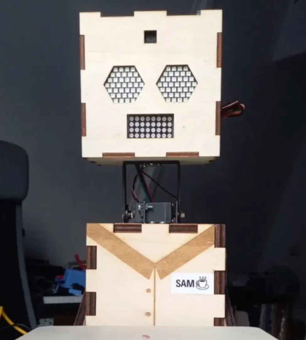 SAM the robot waiter — full wooden laser-cut body with LED eyes, mouth, and serving tray